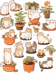 各种动作可爱的卡通小猫与盆栽贴纸图片
