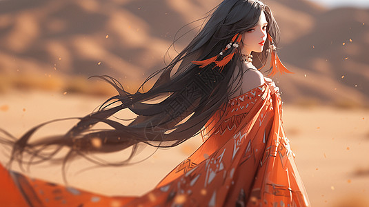 穿着红色长裙在沙漠中的长发卡通公主图片