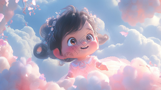 梦幻卡通小女孩在软软的云朵上图片