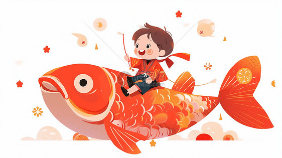 可爱卡通小男孩坐在红色巨大的鲤鱼上开心笑图片