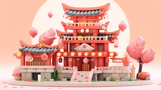 红色喜庆的古风卡通建筑旁两棵粉色卡通小树背景图片