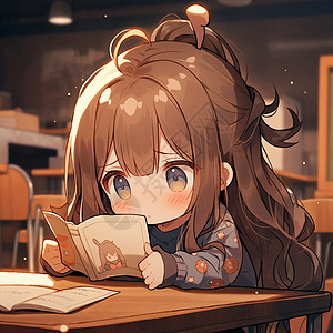 棕色长发在书桌上认真看书的卡通小女孩高清图片