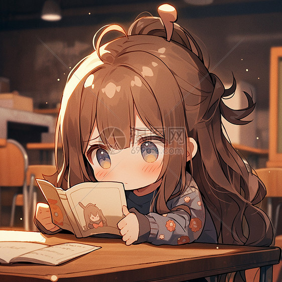 棕色长发在书桌上认真看书的卡通小女孩图片
