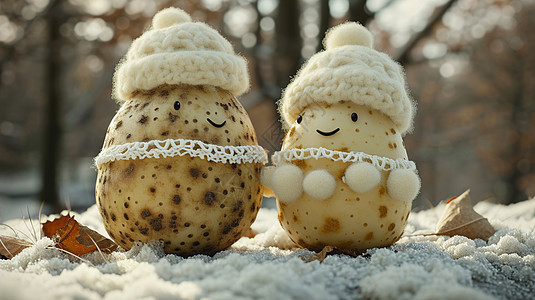 两个开心笑的卡通小土豆站在雪地中图片