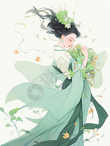 头戴绿色花朵仙气飘飘的古风长裙漂亮卡通女人侧面图片