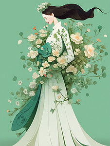 被花朵围绕的优雅气质卡通女人背景图片
