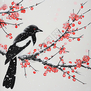 中国风喜庆的梅花与一只喜鹊鸟在大雪中背景图片