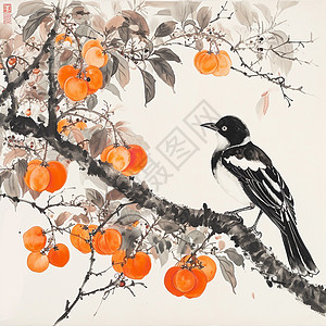 在树上的一只可爱的卡通小鸟中国画图片