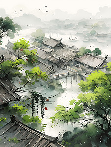 春分春天古建筑村落唯美的水墨风景画插画