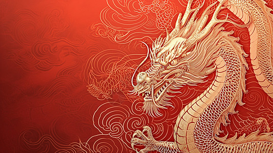 金色霸气的卡通龙图案在喜庆的红色背景上图片