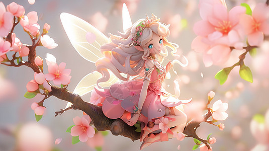 穿粉色公主裙坐在桃花枝上的可爱卡通小公主图片