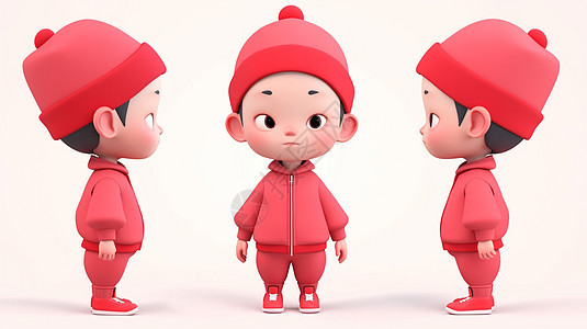 穿着红色套装可爱的卡通小男孩戴着红色帽子多视角图片