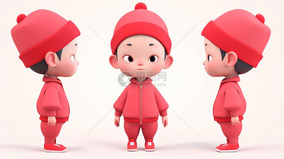 穿着红色套装可爱的卡通小男孩戴着红色帽子多视角图片
