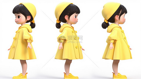 戴着黄色帽子穿着黄色外套立体可爱的卡通小女孩多视角图片