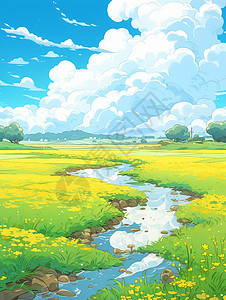蓝天白云下绿草中一条小溪图片