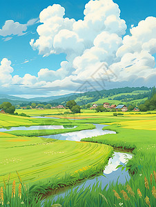 蓝天白白的云朵下一片嫩绿的草地与小溪插画