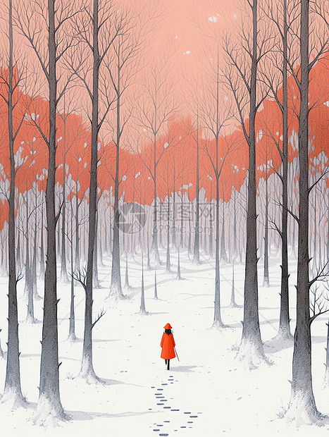 冬天傍晚走在森林雪地中的卡通人物背影图片
