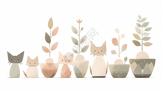 可爱的卡通小猫与绿植盆栽背景图片