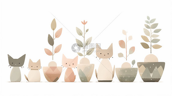 可爱的卡通小猫与绿植盆栽图片