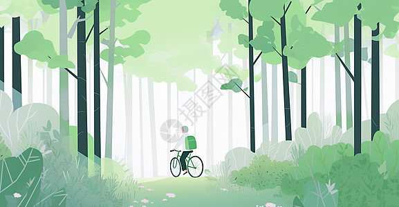 背着书包骑自行车卡通人物在森林中骑行图片