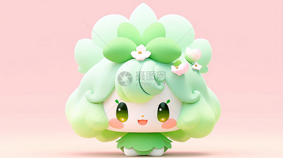 蓬蓬的绿色头发可爱立体卡通小女孩IP头上戴着小粉花图片