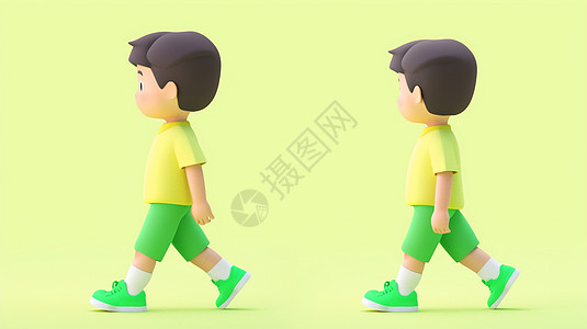 穿着绿色鞋子走路的可爱卡通小男孩图片