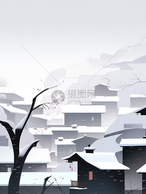 冬天雪后唯美漂亮的卡通小村庄图片