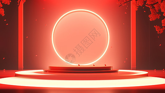 红色喜庆梦幻发光的卡通电商舞台背景背景图片