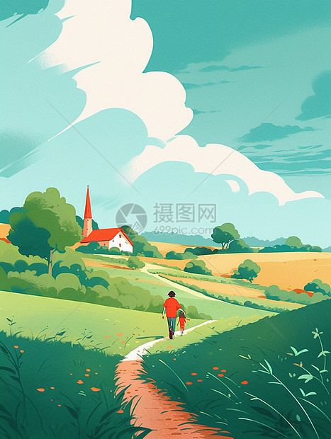 两个小小的卡通人物背影走在乡间小路上卡通风景图片