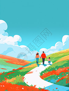 手拉着手走在乡间小路上幸福的一家人卡通背影高清图片