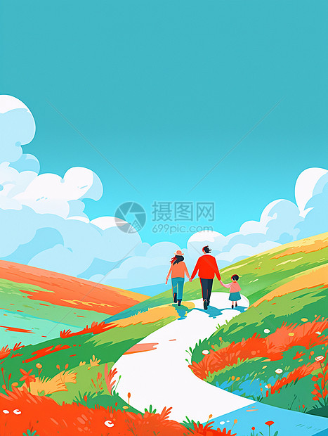 手拉着手走在乡间小路上幸福的一家人卡通背影图片