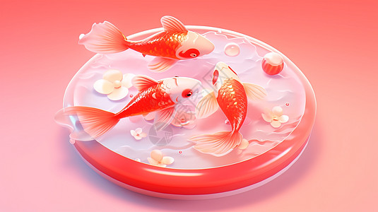 在鱼缸中欢乐游泳的三条红色卡通锦鲤图片