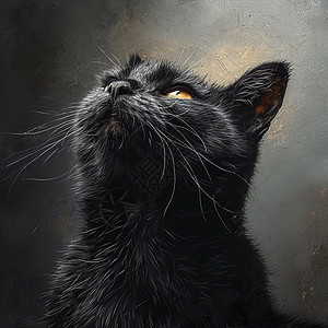 黑色可爱的猫在抬头向上看图片