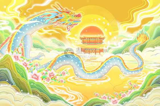 中国风龙抬头银龙古建杏花山水场景插画图片