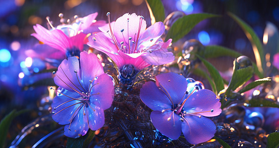 夜晚紫色盛开的小花卡通花朵背景图片