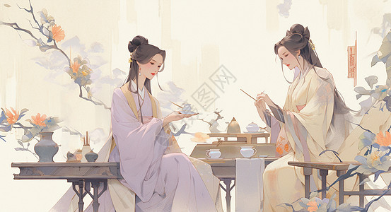 两个古风卡通女人在院子中喝茶图片