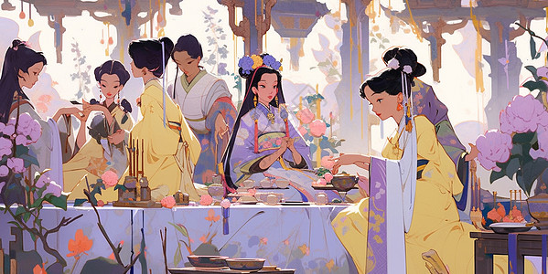 在院子中参加茶话会吃饭的古风卡通人物场景高清图片