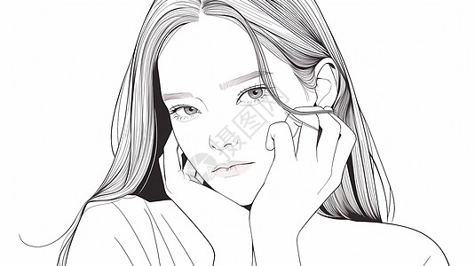 双手捧着脸长发卡通女人插画线稿图片素材