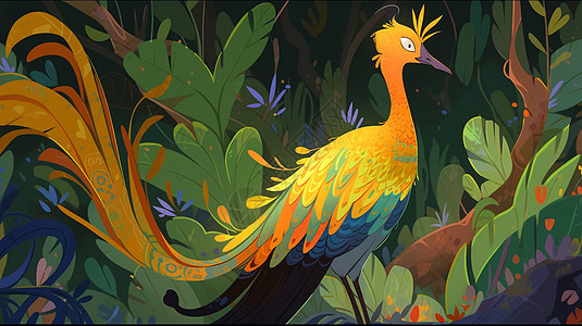 长尾巴漂亮的卡通凤凰鸟在满是绿植的森林中图片