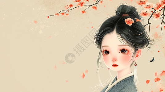 在桃花树下一个漂亮的古风卡通女孩在欣赏花朵背景图片