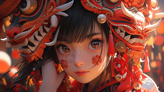 春节喜庆舞龙的卡通小女孩面部有红色涂鸦图片