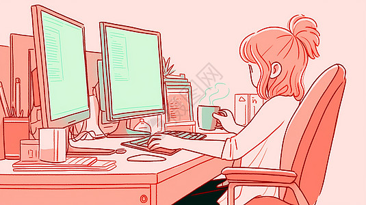 坐在工位上一边办公一边准备喝咖啡的卡通女孩图片
