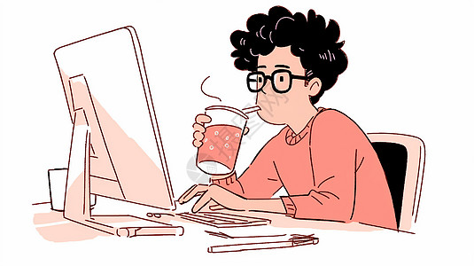 在电脑前一边喝饮料一边敲电脑的卡通男人图片