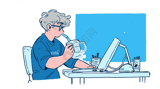 穿着蓝色大大的T恤在电脑前喝饮料的卡通男人图片