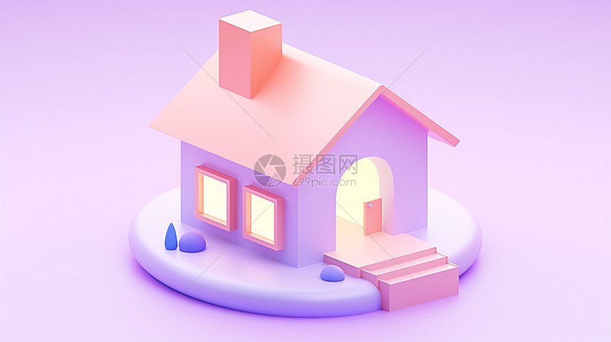 粉金色屋顶亮着灯可爱立体卡通小房子图片