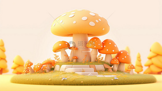 绿色可爱的卡通小岛上一堆橙黄色立体可爱的卡通蘑菇图片