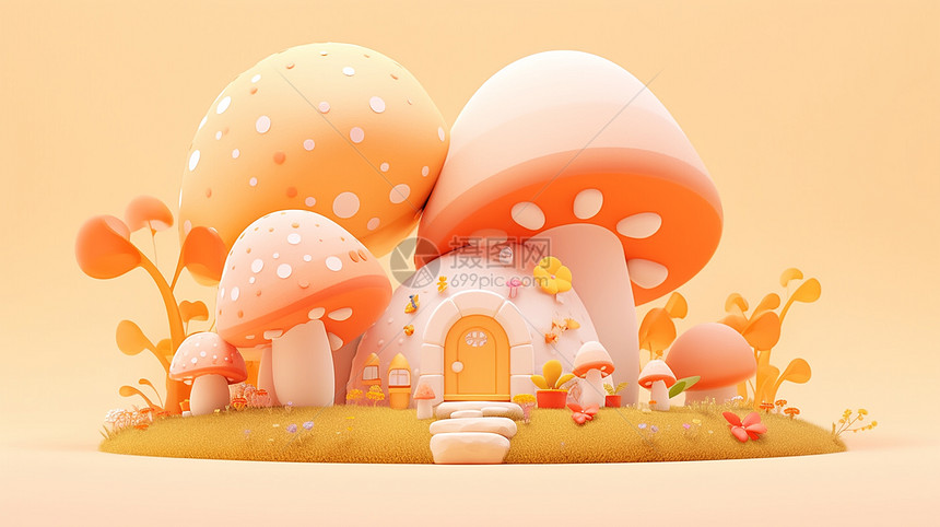 小岛上巨大的蘑菇下一座可爱的卡通蘑菇屋图片