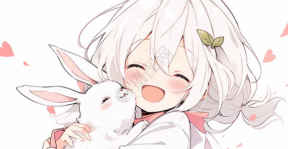 抱着兔子开心笑的可爱卡通小女孩图片