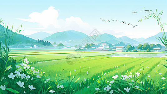 春天嫩绿的田野与远处若隐若现的村庄卡通风景画背景图片