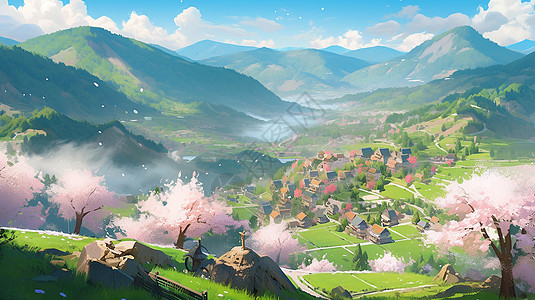 春天山脚下一片美丽的卡通村庄背景图片